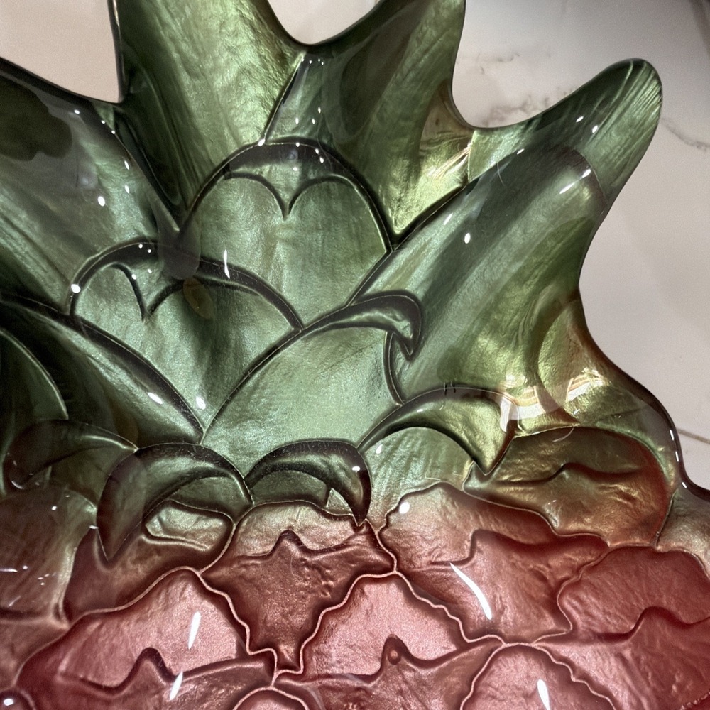 Medium Pineapple Glass Serving Platter Bronze Green Tropical Decor Tray MCM - Picture 3 of 12
